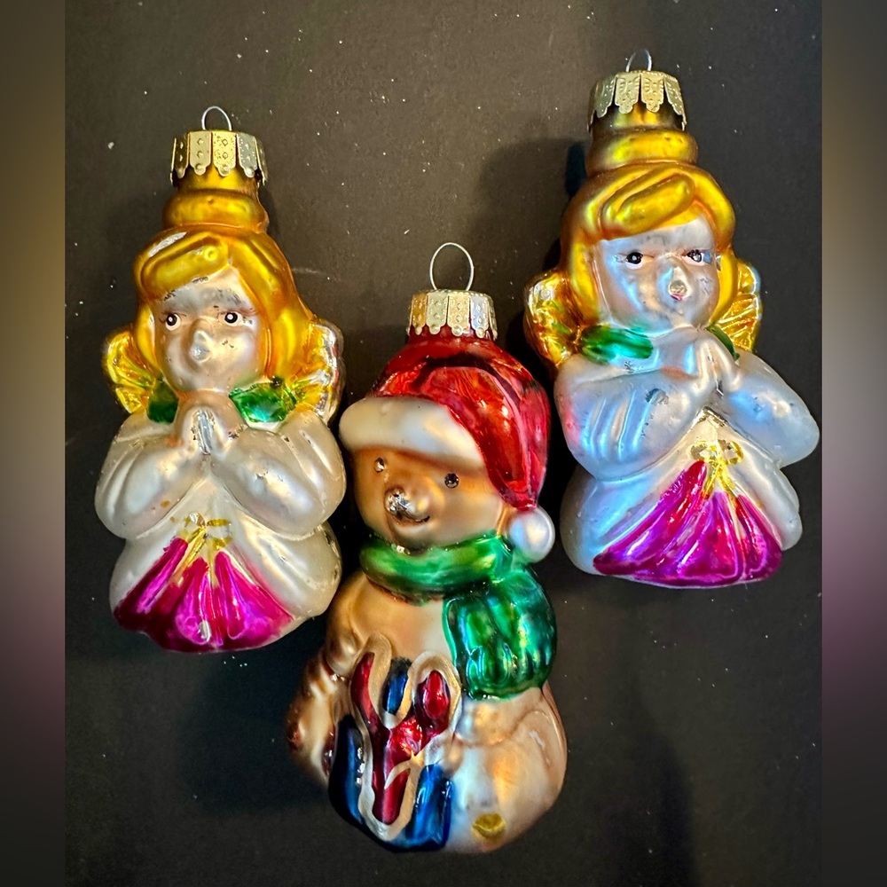 Vintage Ornaments Set of 3, Made in China. 2 Angels, 1 bear Hand blown NO BOX